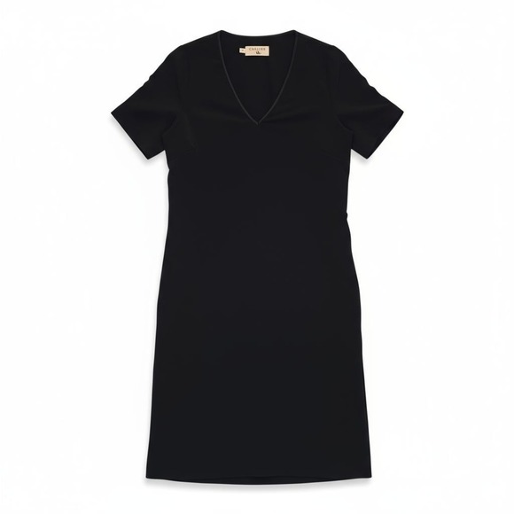 COTELAC Black V Neck Midi Sheath Dress Women's Sz Small Minimalist Career Pocket - Picture 2 of 14